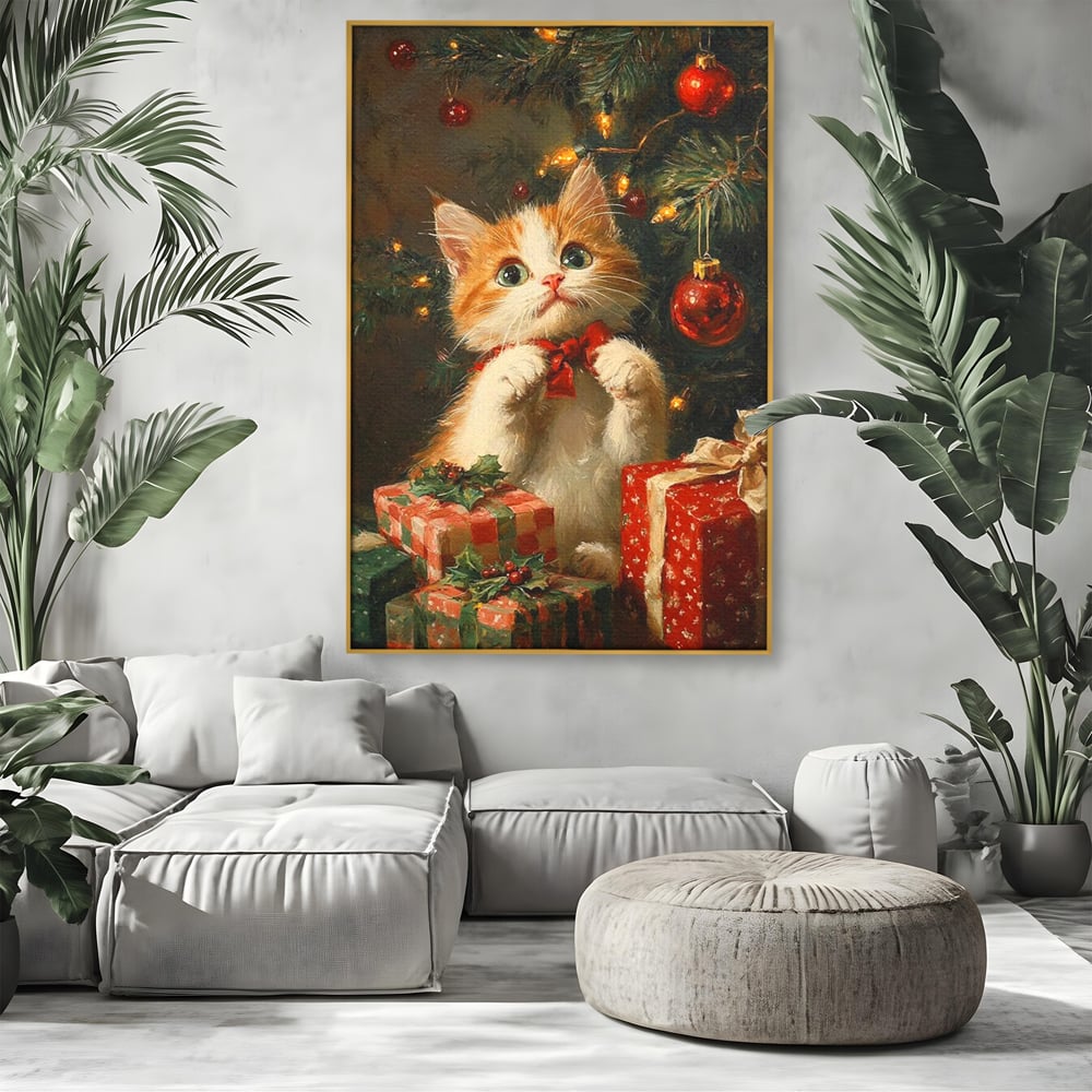 Tablou canvas cu pictura cu pisicuta alba si portocalie langa bradul de craciun, in rama de aluminiu auriu, pe perete intr-un living